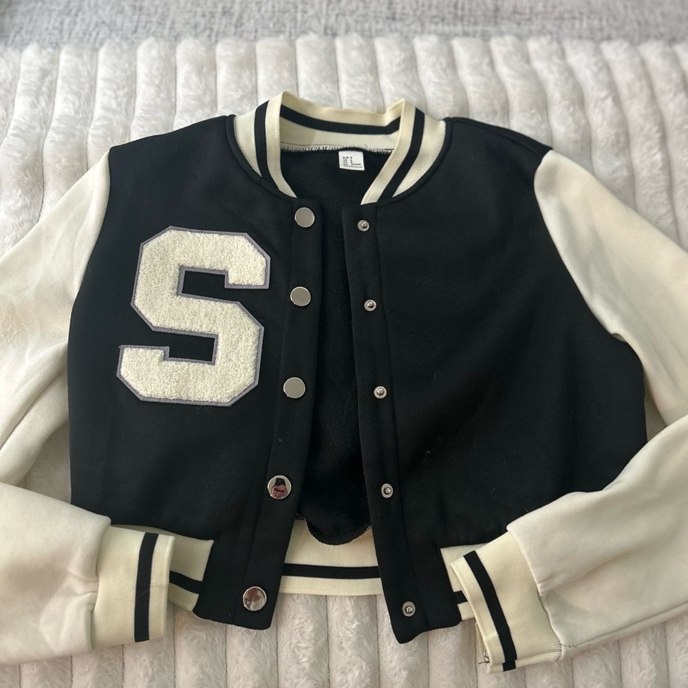 Black and White Cropped Varsity Jacket with S Patch